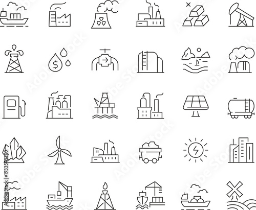 Industrial and Energy Line Icons Set with Factory, Oil, Mining, Power Plant and Manufacturing Editable Stroke Vector Collection