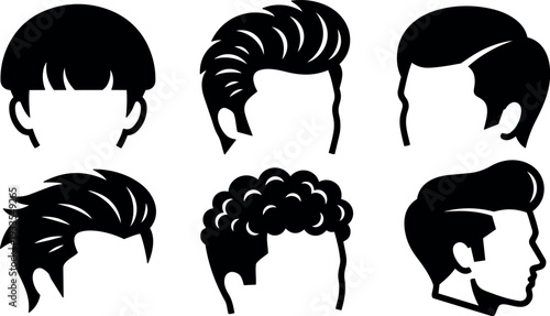 Flat design side and three quarter male hairstyle silhouettes set six haircuts close up black and white vector icons collection