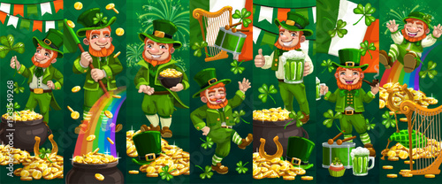 Irish leprechaun characters collage, happy St Patrick's day holiday celebration. Irish folk holiday vector backdrop. Saint Patrick celebration collage with leprechaun character, pot of gold and flags