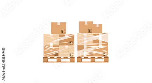 Two stacks of brown cardboard shipping boxes, securely shrink-wrapped in clear plastic and placed on wooden pallets, on a white background.