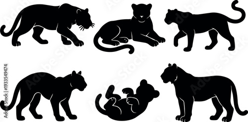 Minimalist silhouette vector set of panther poses stalking sitting walking lying playful collection for logos icons branding web print apparel