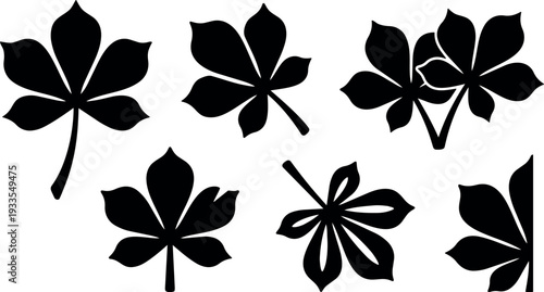 Flat design black chestnut leaf silhouettes arranged in set of six isolated vector icons minimal bold graphic composition top view