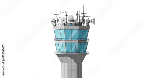 A detailed air traffic control tower, featuring numerous radar dishes, communication antennas, and a glass control room, on a white background.