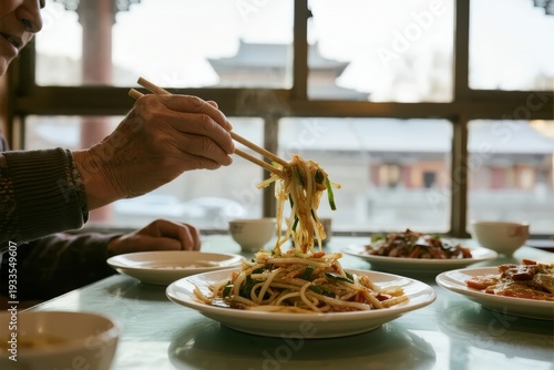 Person using chopsticks to lift noodles from a plate in a restaurant with traditional architecture visible through the window