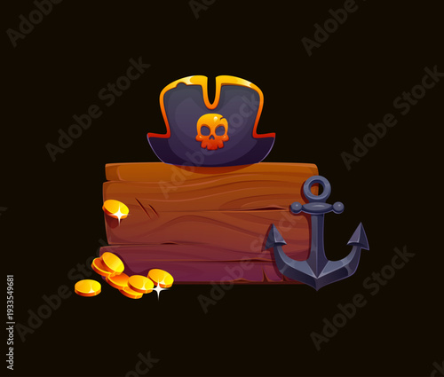 Cartoon pirate treasure sign with wooden planks, captain tricorn hat with skull emblem, anchor and gold coins. Nautical heraldry icon, vector asset for adventure game interface and maritime loot quest