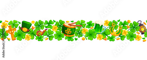 Shamrock clover leaves seamless border with Irish St Patrick's day holiday symbols. Festive cartoon vector green hat, beer mug, drum, lucky horseshoe, pipe, cross, lantern, gold coins horizontal frame