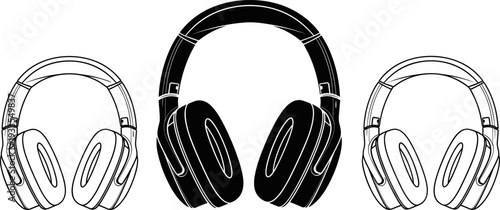 Over ear headphones vector illustration set, black and white audio headset designs collection, music listening equipment icons for technology, studio, media branding