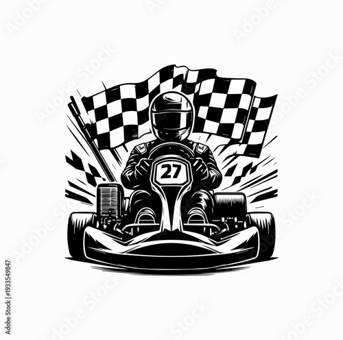 Go Kart Racing Driver with Checkered Flag Silhouette Vector