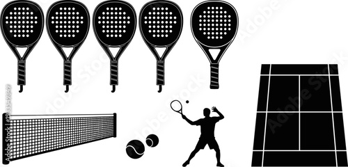Padel tennis equipment silhouette set, rackets court net balls and player action, black vector illustration isolated on white background for sport design