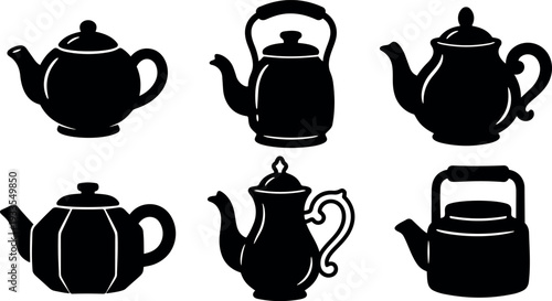Flat design teapot silhouettes six different kettle shapes side view black vector kitchen icons classic ornate modern rounded hexagonal vintage
