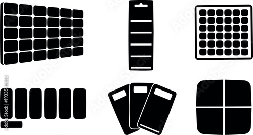 Flat design solar panel and battery icon set showing multiple cell shapes angles in black silhouette side view top