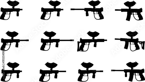 Paintball gun silhouette vector illustration set, tactical marker equipment collection, black paintball weapons icons for action sport, games, training, branding design