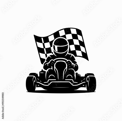 Go Kart Racing Driver with Checkered Flag Silhouette Vector