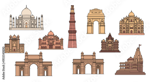 Ten famous Indian landmarks, including Taj Mahal and India Gate, shown with a distinct outline style, on a white background.