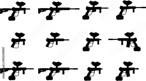 Paintball marker silhouette vector illustration set, tactical sport gun equipment collection, black paintball weapons icons for action games, training, branding design