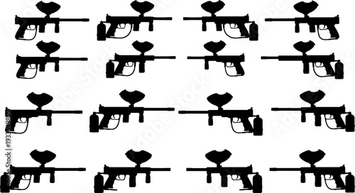 Paintball marker silhouette vector illustration collection, tactical sport gun variations set, black paintball equipment icons for action games, training, branding, graphic design