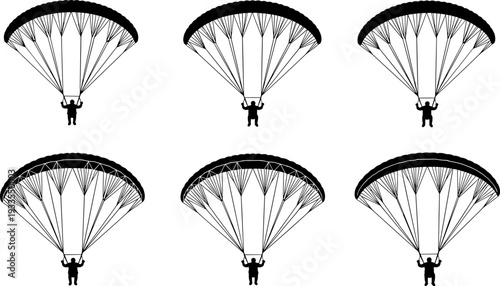 Parachute landing silhouette vector set, skydiving and paragliding canopies with descent poses collection for aerial sports illustration isolated on white background