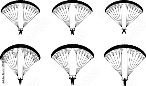 Parachute landing silhouettes vector set, skydiving and paragliding canopies with descent poses collection for aerial sports illustration isolated on white background