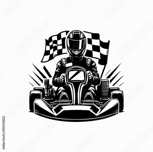 Go Kart Racing Driver with Checkered Flag Silhouette Vector