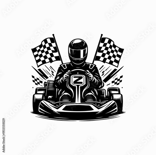 Go Kart Racing Driver with Checkered Flag Silhouette Vector