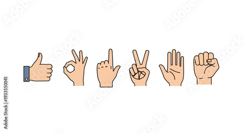 Six different hand gestures with various finger positions are neatly arranged in a horizontal row on a clean white background.