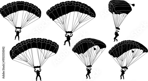 Parachuting skydiver silhouette set, extreme sport freefall and landing poses collection, adrenaline adventure black vector illustration isolated on white background