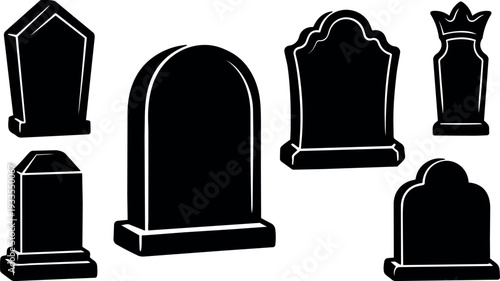 Flat design black tombstone silhouettes set showing six varied headstones for halloween cemetery scene in stark contrast bold white outline