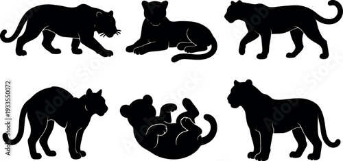 Silhouette flat design panther set six poses walking lying playing stalking crouching rolling isolated vector art black mood studio scene