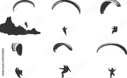 Paragliding vector silhouette illustration, extreme air sport adventure, mountain flying activity concept, outdoor travel freedom recreation design for adrenaline and skydiving enthusiasts