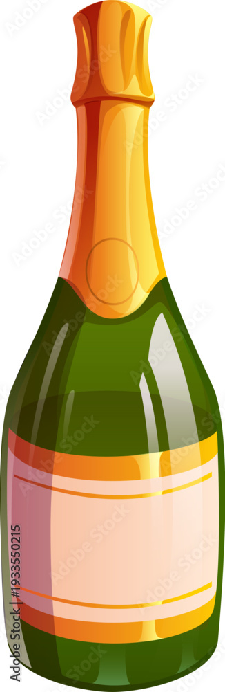 Fototapeta premium Cartoon sparkling wine bottle alcohol drink beverage. Dark green glass bottle with shiny golden foil on the neck, isolated on white. Vector champagne alcohol glass flask, drink for event celebration
