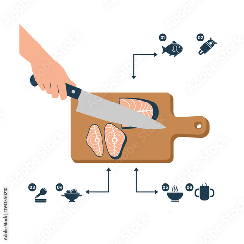 Hand holding knife cutting salmon fillets on wooden board with kitchen utensils