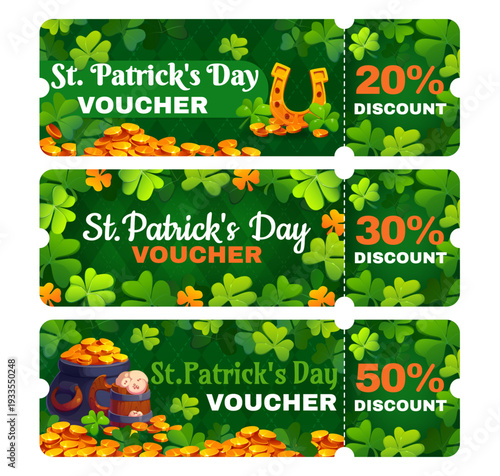 Happy St Patrick holiday discount sale coupons or vouchers with shamrocks, golden coins, horseshoe, pot of gold and mug with beer. Vector festive promotion ticket templates with discount percentages