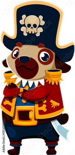 Cartoon pug dog animal pirate crew character wearing captain hat with skull emblem, red coat with gold trim, blue pants, and a belt with a sword, standing proudly with arms crossed and confident smile