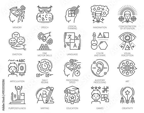 Cognitive ability, kids memory and attention perception therapy icons. Clean vector line icons memory, language, logical thinking, imagination, concentration, emotions, creativity, learning and play