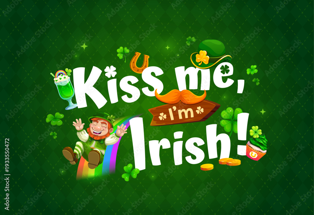 Fototapeta premium Kiss me I am Irish St Patrick day greeting quote. Vector festive celebration banner with joyful leprechaun, lucky symbols, shamrocks, gold coins, and horseshoe against a green background with sparks