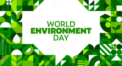 World environment day banner with bold green typography, surrounded by geometric eco friendly abstract patterns. Vector greeting card promoting ecology and sustainability with plant leaves shapes