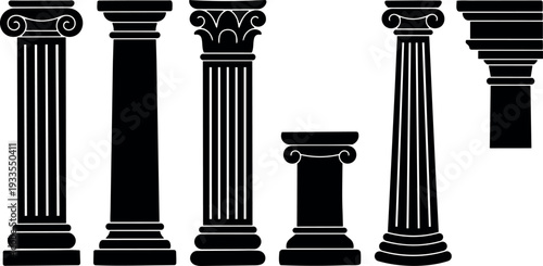 Flat design vector collection set of classical column silhouettes including doric ionic corinthian pedestals side view isolated on white background