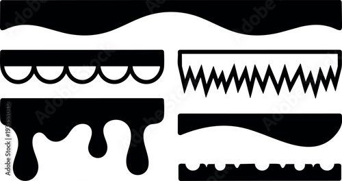 Flat design decorative border set with six black ornamental divider shapes for graphic layouts close up high contrast vector elements