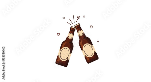 Two dark brown beer bottles with beige labels are clinking together, splashing with foam and bubbles on a clean white background.