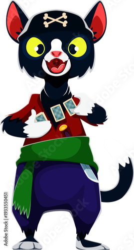 Cartoon black cat pirate vector character holds three playing cards in paws. Corsair wears a black headband with bones and red shirt, green sash, purple trousers. Pirate party personage