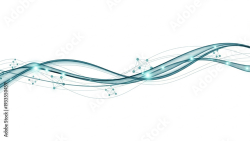 Dynamic digital wave pattern with luminous interconnected nodes on a white background, representing data flow and technological connection