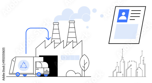 Recycling concept. Recycling showcased with a truck, factory, and urban cityscape, promoting sustainable practices. Recycling s environmental care through logistics and manufacturing. For eco