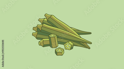 Bunch of fresh green ladyfinger vegetables and cut slices. Detailed vector illustration on pale background for healthy vegan diet, organic agriculture, botany and recipe graphics.