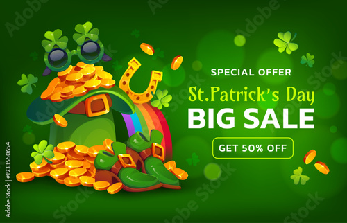 Happy St Patrick's day holiday sale banner. Saint Patrick sale vector banner, march price off coupon or discount flyer with leprechaun hat full of golden coins, horseshoe on rainbow and clovers
