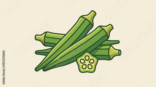 Fresh green ladyfinger pods pile with sliced cross section. Healthy organic farm vegetable vector illustration isolated on light background for vegetarian diet nutrition design.