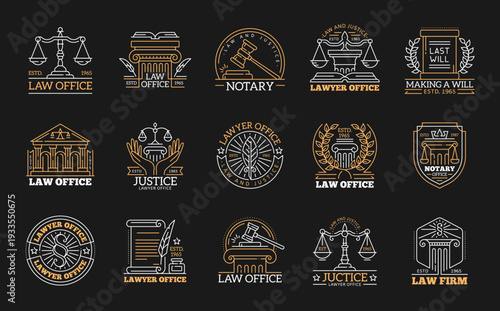 Law office icons, lawyer firm, justice and notary symbols set. Vector line court building, judge gavel and pillar, balance scale, law book and vintage quill pen signs in heraldic laurel wreath frames