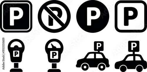 Flat design parking icon set close up showing meter car and prohibited sign on white background in minimal style silhouette