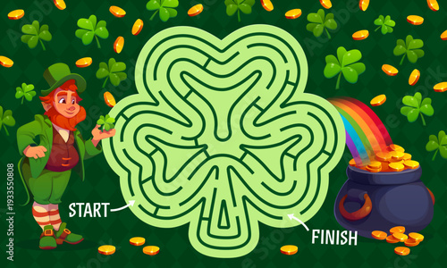 Labyrinth maze game with Irish leprechaun and pot of golden coins. Search path vector quiz, find way kids riddle worksheet. Saint Patrick Labyrinth maze game with rainbow, shamrock clover leaves