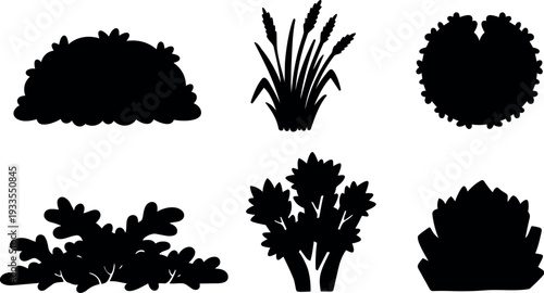 Flat vector shrub silhouettes six variations close up ornamental bushes grass tuft round hedge landscape clipping shapes garden foliage icon