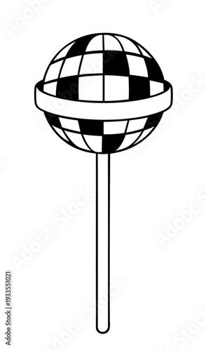 Disco ball lollipop — sweet 70s mirror mosaic candy aesthetic, playful retro party vibe, funky pop nightlife